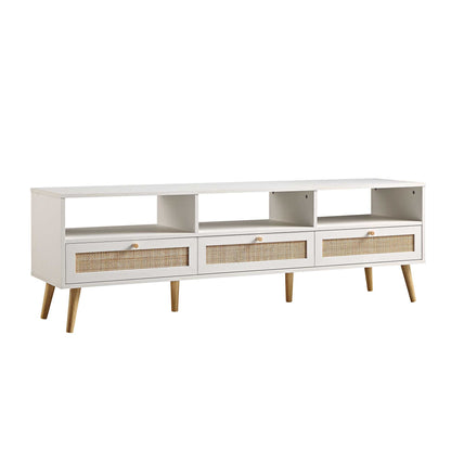 Meuble TV 3 tiroirs en rotin tressé Frances 160 cm, blanc