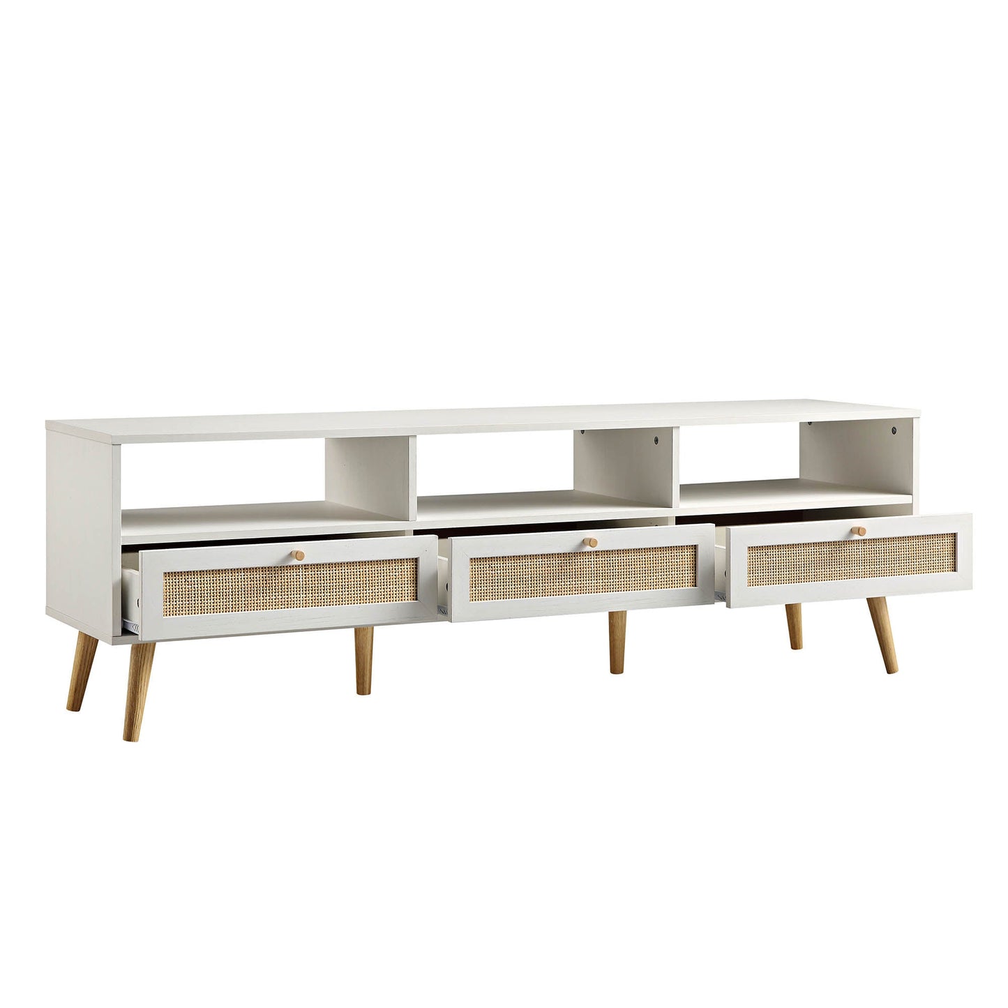 Meuble TV 3 tiroirs en rotin tressé Frances 160 cm, blanc