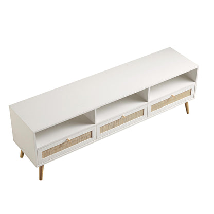 Meuble TV 3 tiroirs en rotin tressé Frances 160 cm, blanc