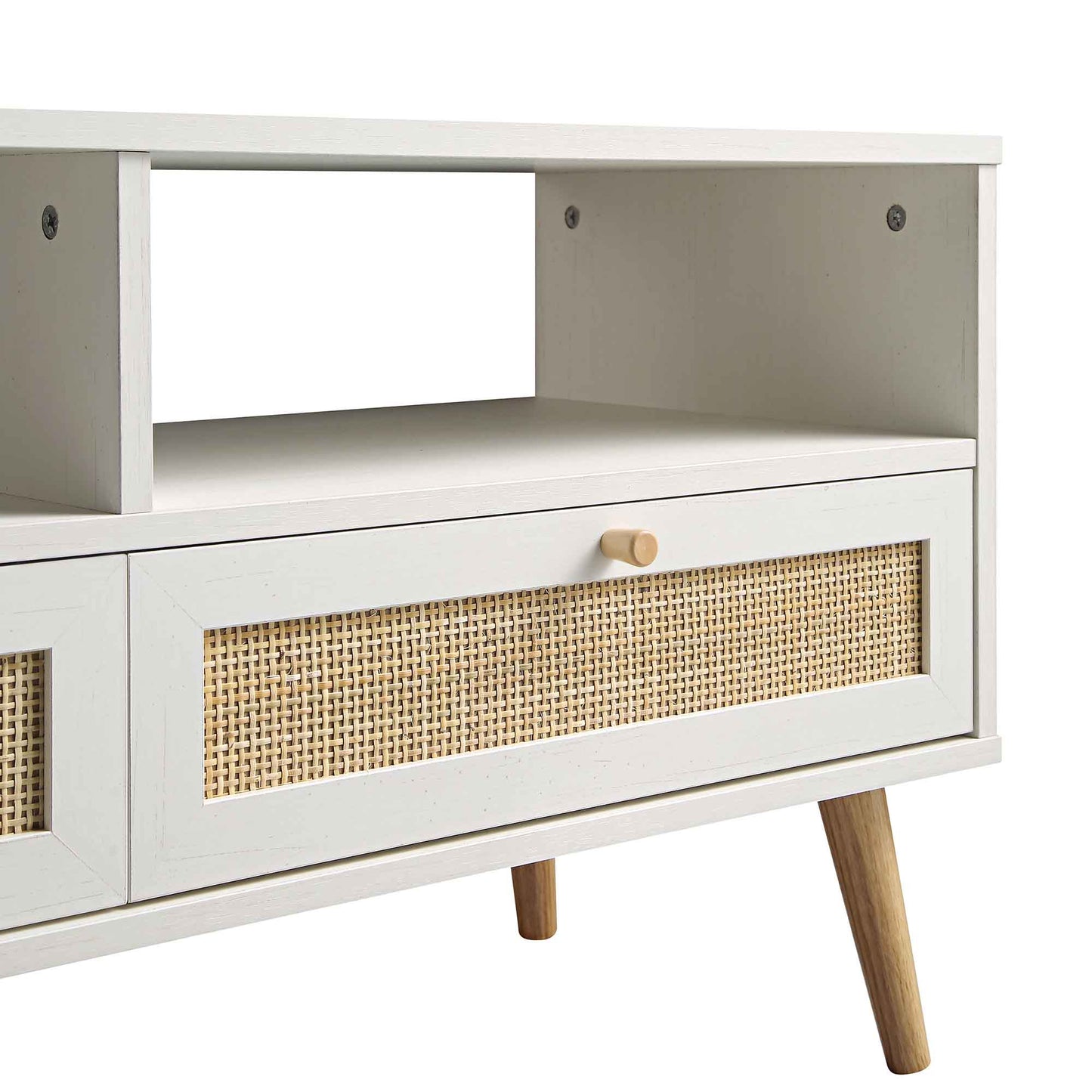 Meuble TV 3 tiroirs en rotin tressé Frances 160 cm, blanc