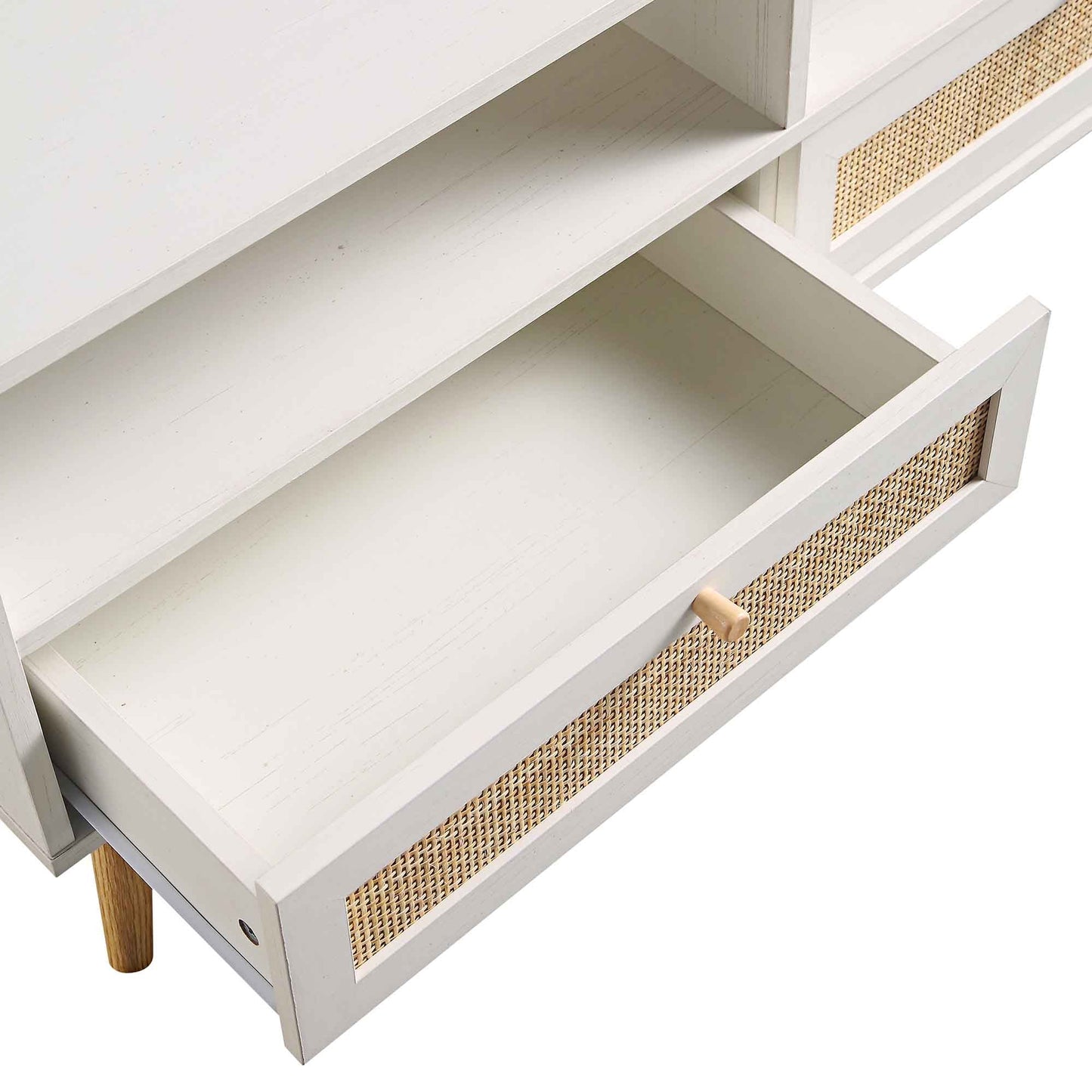Meuble TV 3 tiroirs en rotin tressé Frances 160 cm, blanc