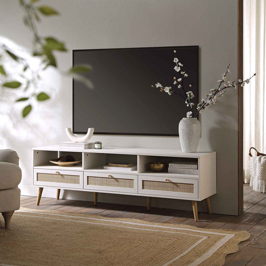 Meuble TV 3 tiroirs en rotin tressé Frances 160 cm, blanc