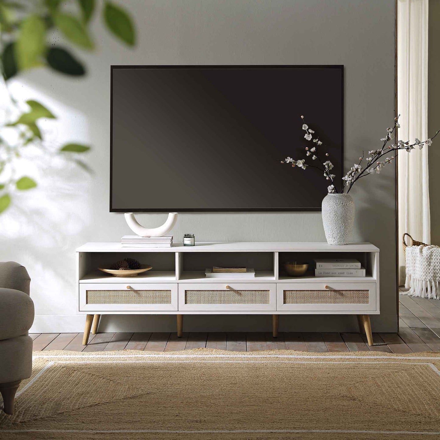 Meuble TV 3 tiroirs en rotin tressé Frances 160 cm, blanc