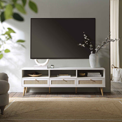 Meuble TV 3 tiroirs en rotin tressé Frances 160 cm, blanc