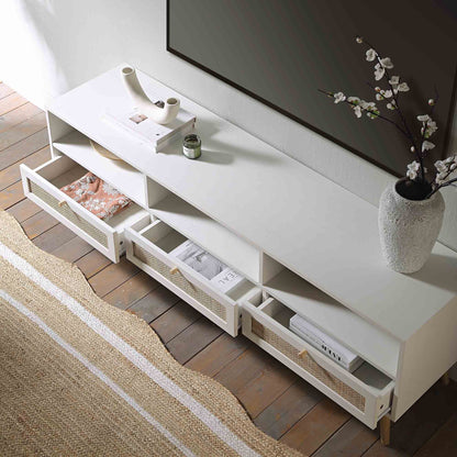 Meuble TV 3 tiroirs en rotin tressé Frances 160 cm, blanc