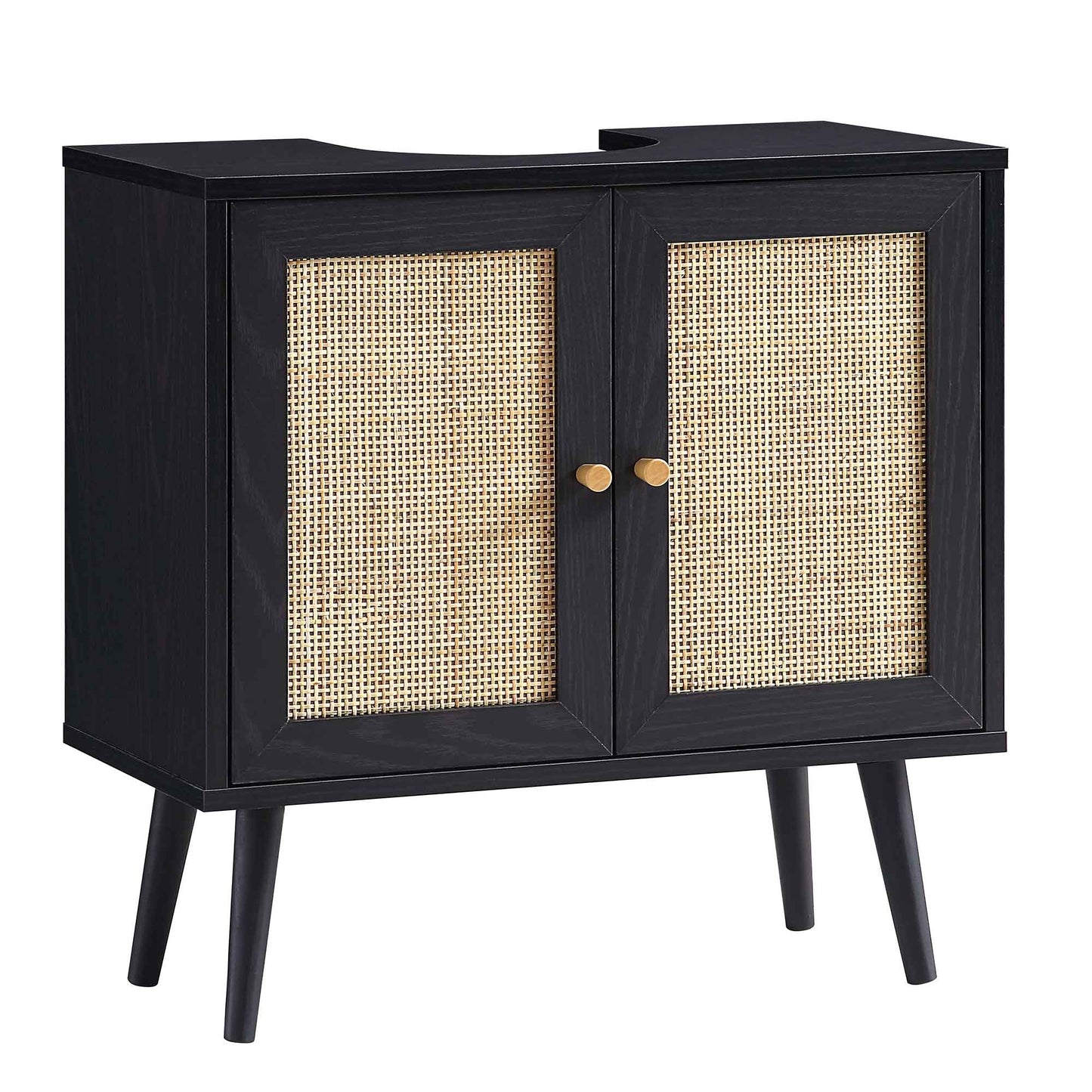 Meuble sous-évier de salle de bain 2 portes en rotin tressé Frances, noir