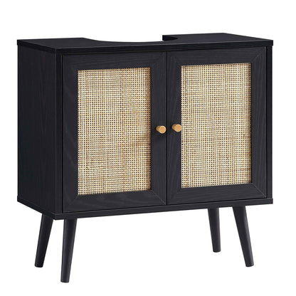 Meuble sous-évier de salle de bain 2 portes en rotin tressé Frances, noir