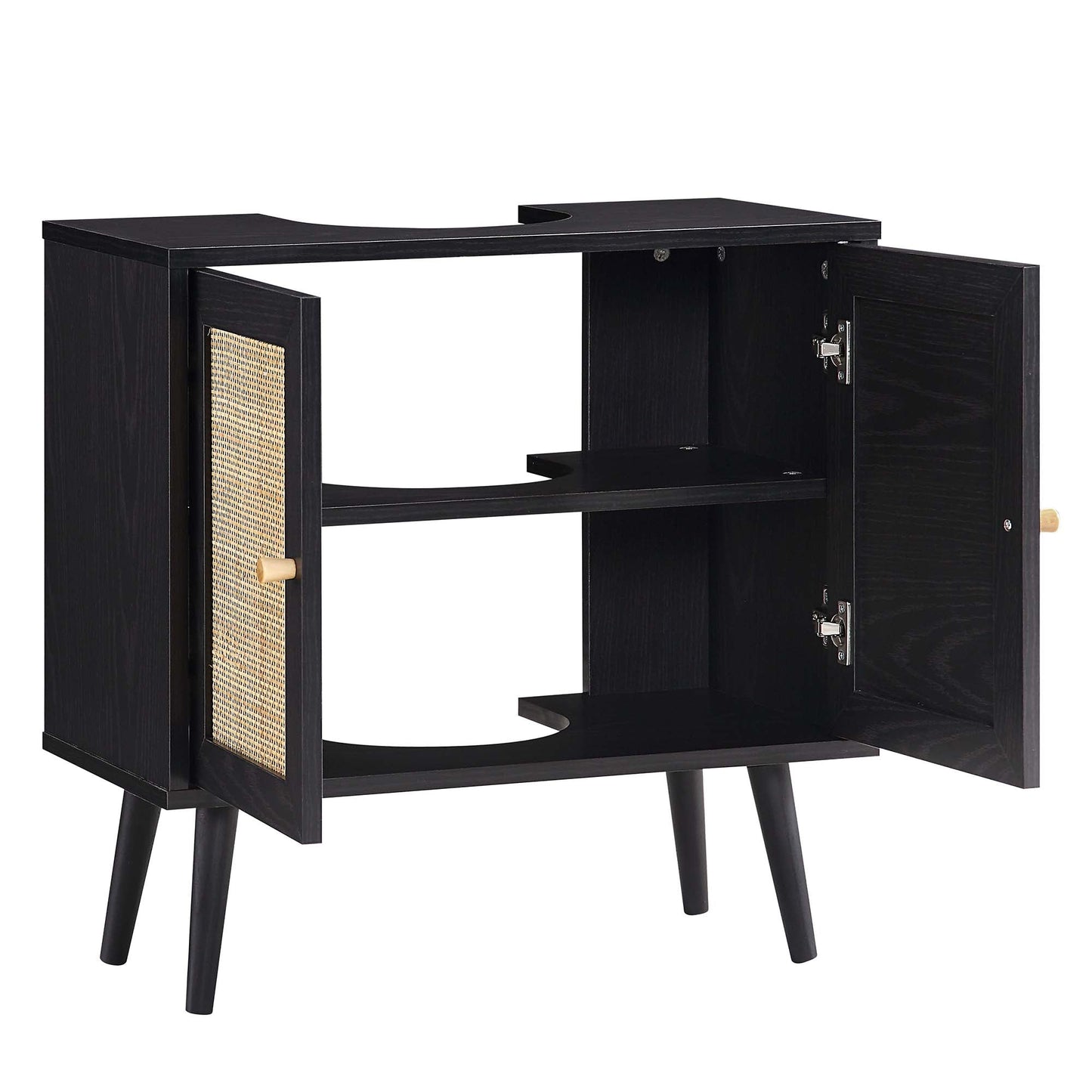 Meuble sous-évier de salle de bain 2 portes en rotin tressé Frances, noir