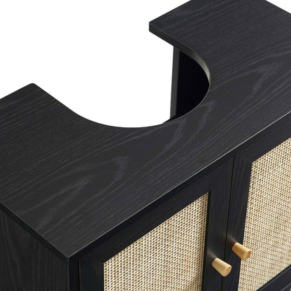Meuble sous-évier de salle de bain 2 portes en rotin tressé Frances, noir
