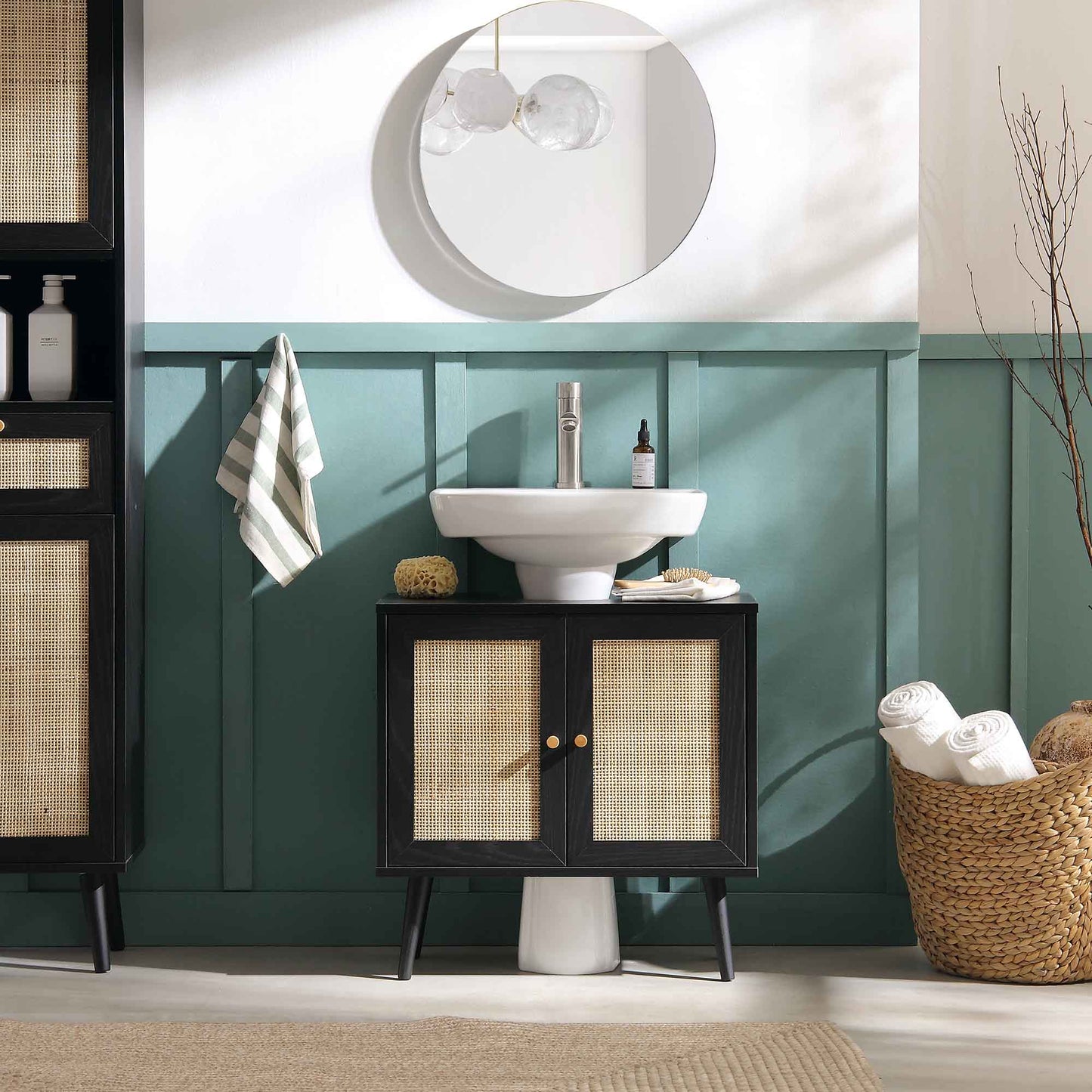 Meuble sous-évier de salle de bain 2 portes en rotin tressé Frances, noir