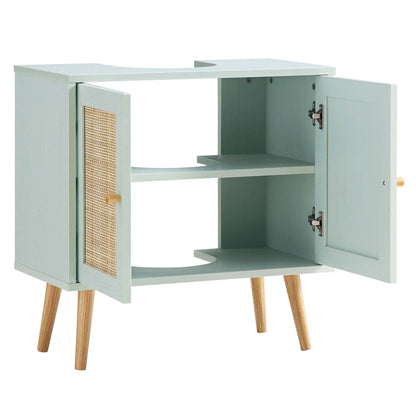 Meuble sous-évier de salle de bain 2 portes en rotin tressé Frances, vert menthe