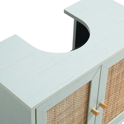 Meuble sous-évier de salle de bain 2 portes en rotin tressé Frances, vert menthe