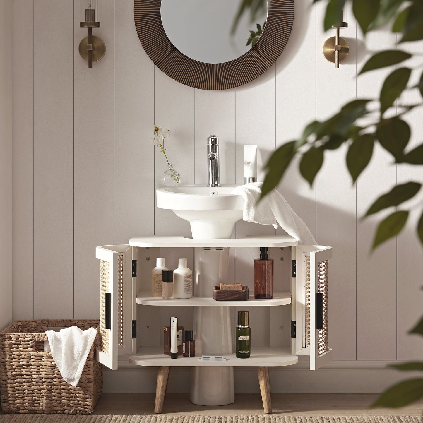 Meuble sous-évier incurvé en rotin Izzy, blanc