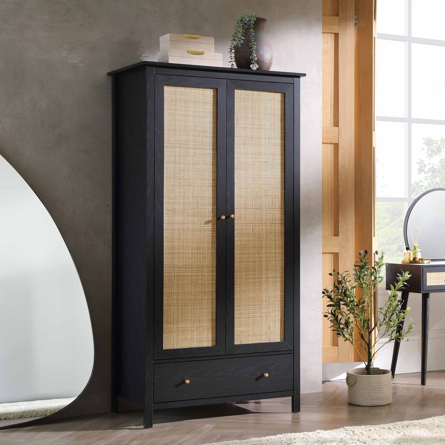 Armoire double en rotin Frances avec 1 tiroir, noire