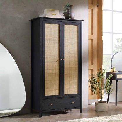Armoire double en rotin Frances avec 1 tiroir, noire