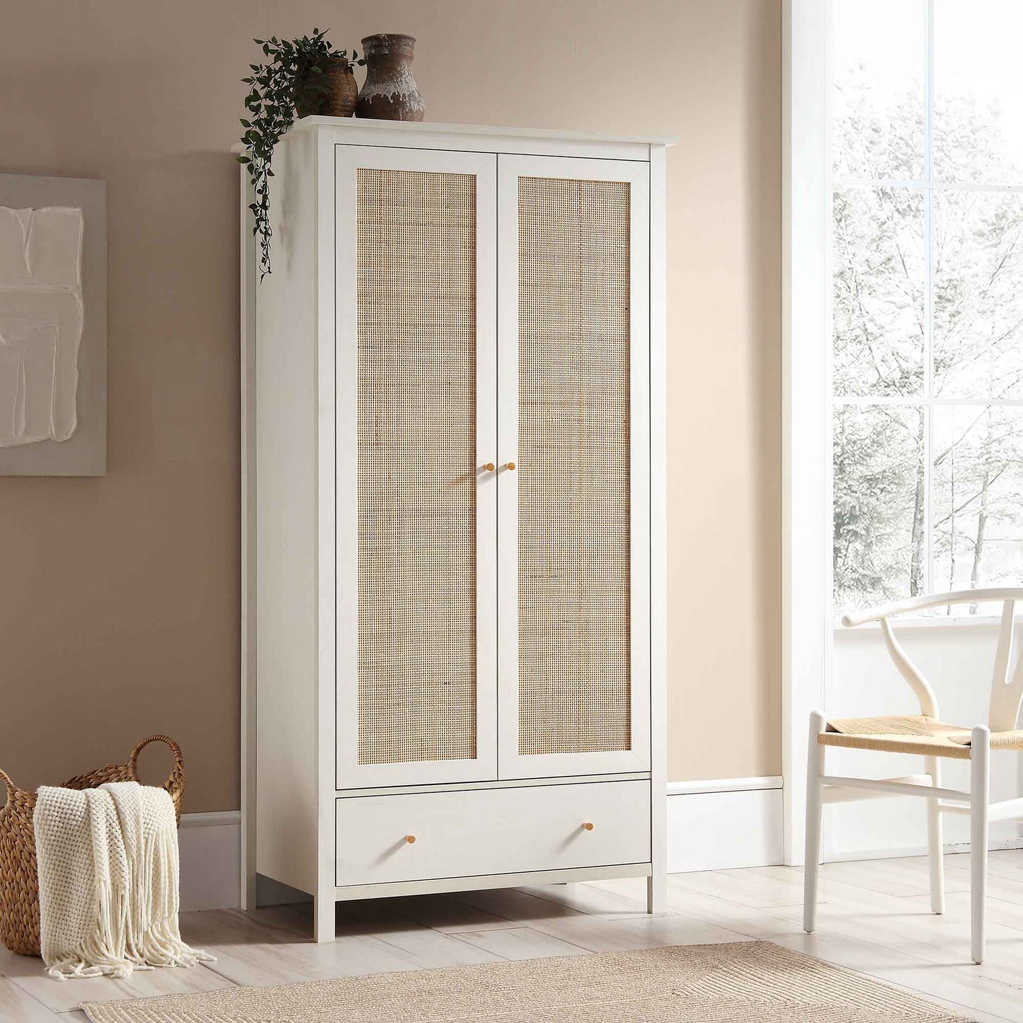 Armoire double en rotin Frances avec 1 tiroir, blanche