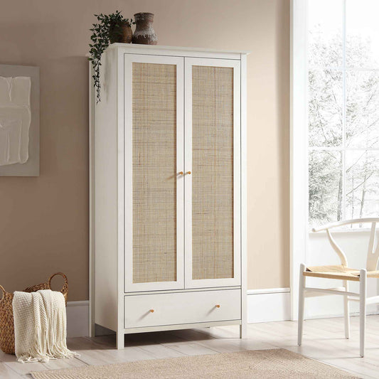 Armoire double en rotin Frances avec 1 tiroir, blanche