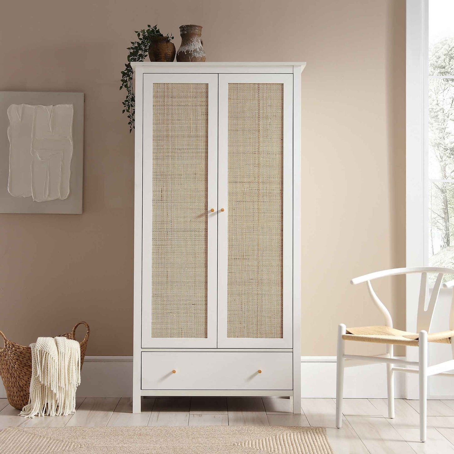 Armoire double en rotin Frances avec 1 tiroir, blanche