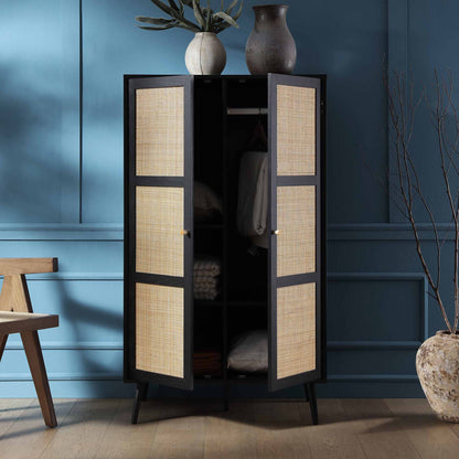 Armoire double compacte en rotin tressé Frances, noire