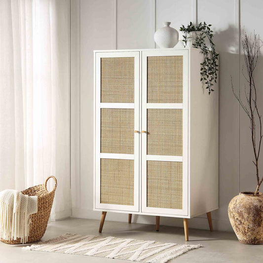Armoire double compacte en rotin tressé Frances, blanche