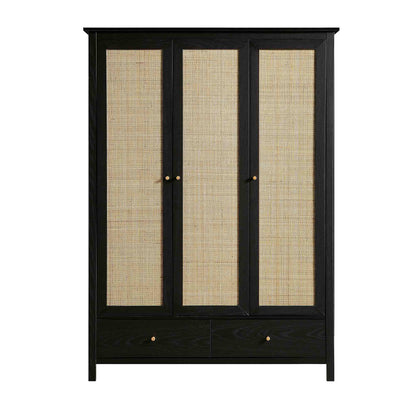 Armoire triple en rotin Frances avec 2 tiroirs, noire