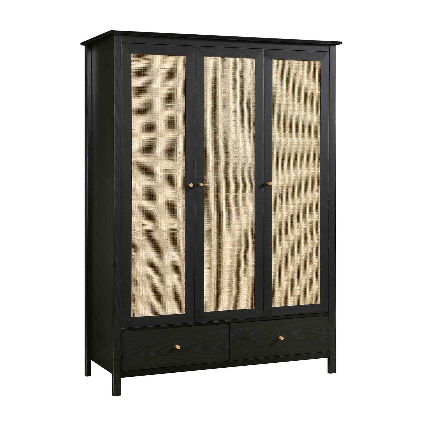 Armoire triple en rotin Frances avec 2 tiroirs, noire