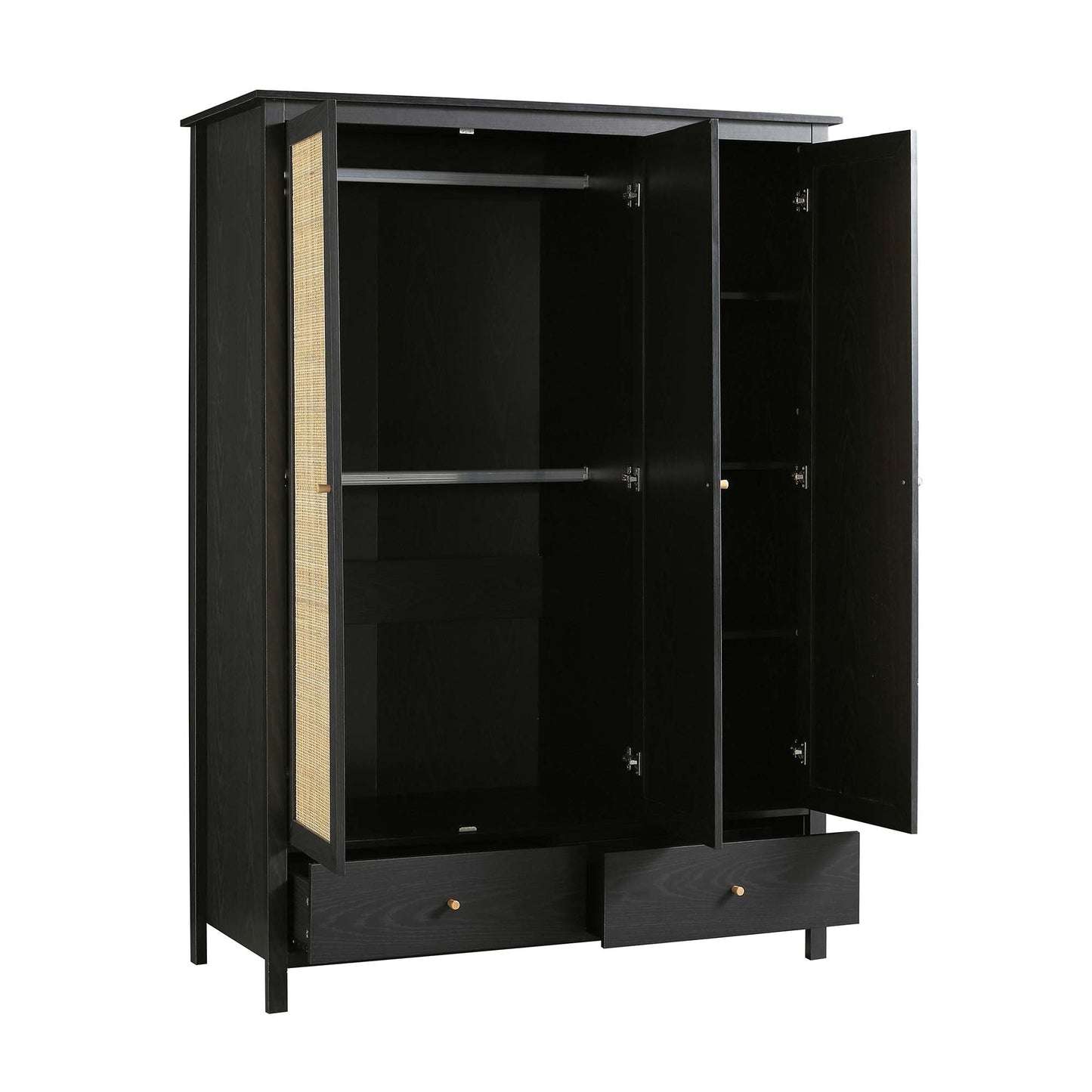 Armoire triple en rotin Frances avec 2 tiroirs, noire