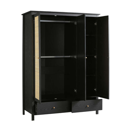Armoire triple en rotin Frances avec 2 tiroirs, noire