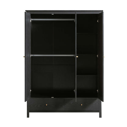 Armoire triple en rotin Frances avec 2 tiroirs, noire