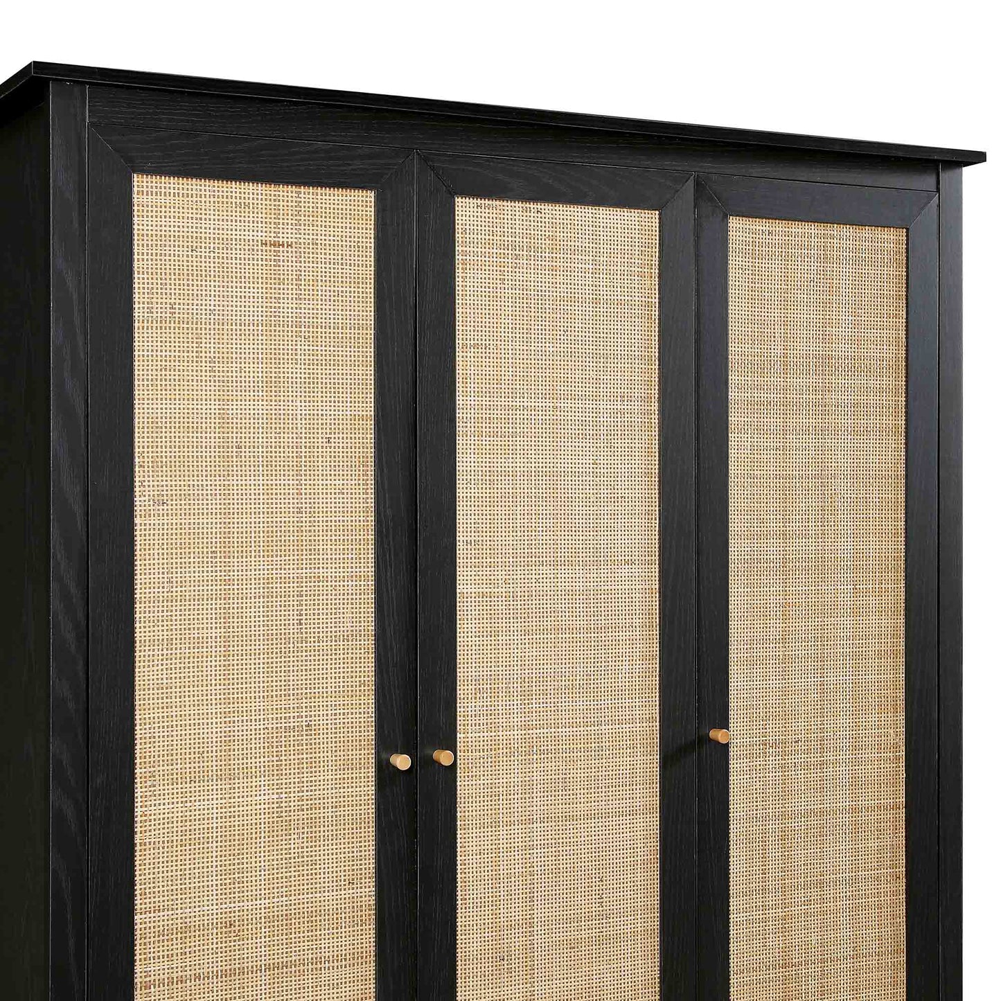 Armoire triple en rotin Frances avec 2 tiroirs, noire
