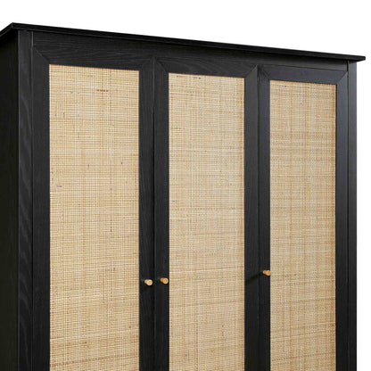 Armoire triple en rotin Frances avec 2 tiroirs, noire