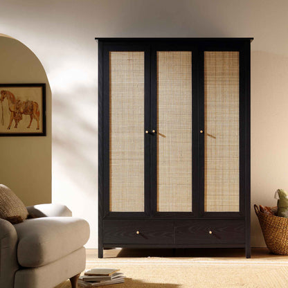 Armoire triple en rotin Frances avec 2 tiroirs, noire
