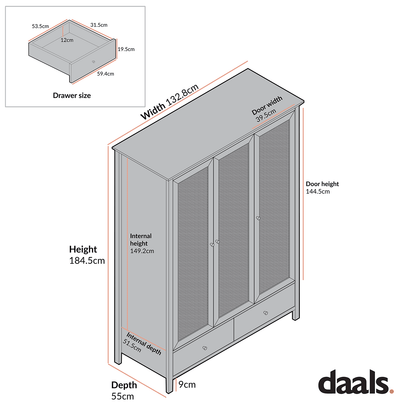 Armoire triple en rotin Frances avec 2 tiroirs, blanche