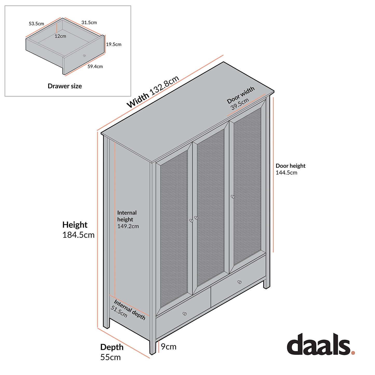Armoire triple en rotin Frances avec 2 tiroirs, naturel