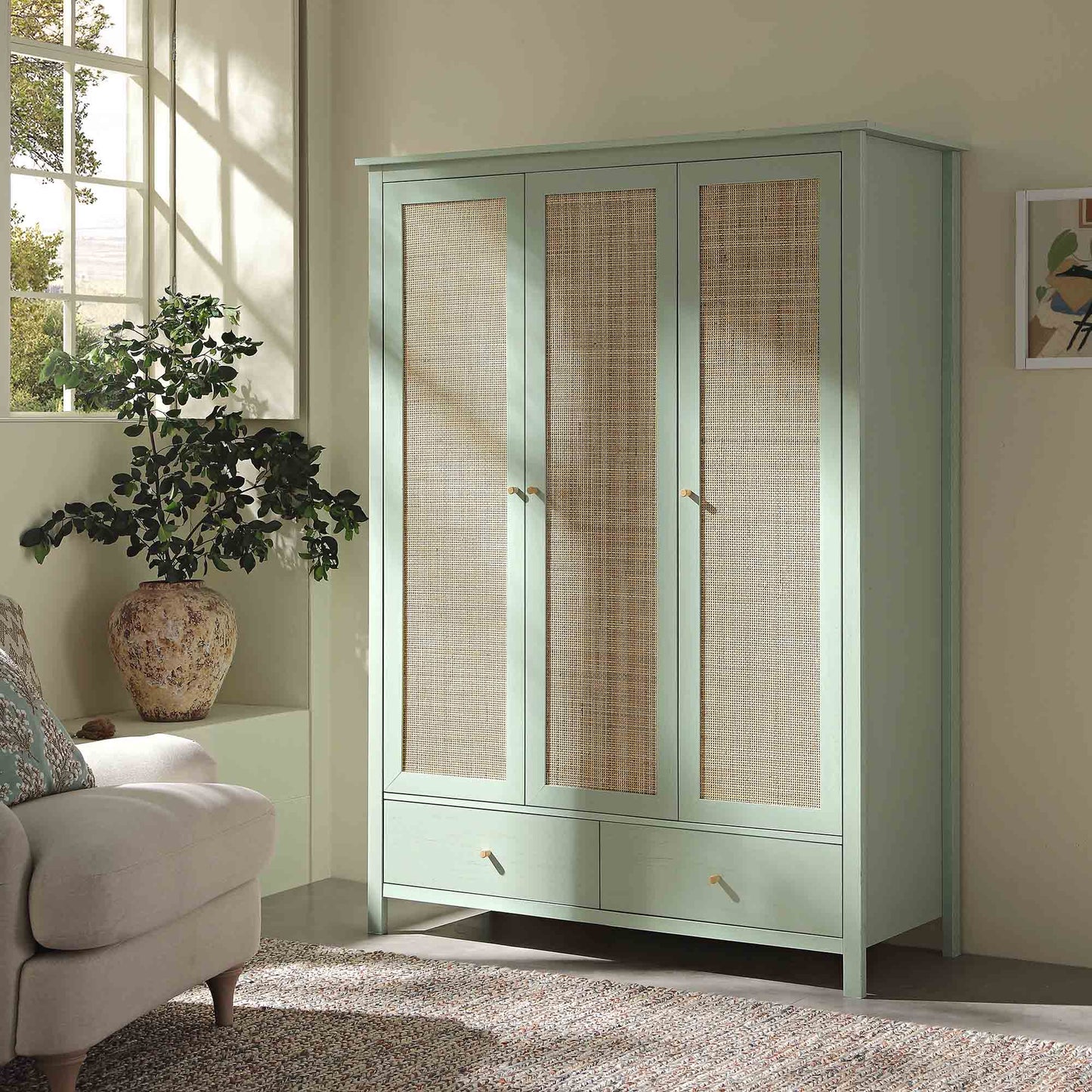 Armoire triple en rotin Frances avec 2 tiroirs, menthe