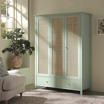 Armoire triple en rotin Frances avec 2 tiroirs, menthe