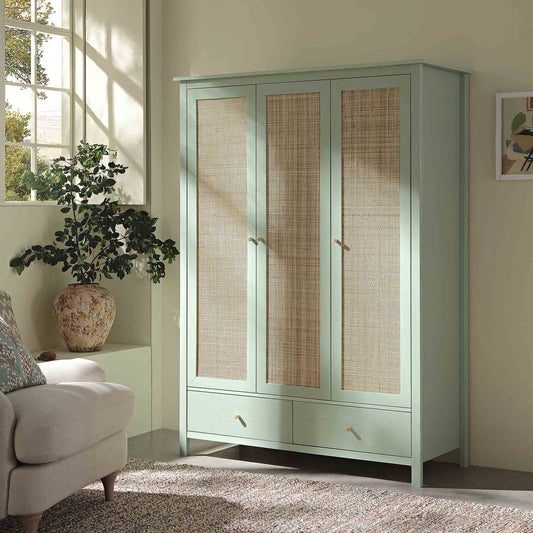 Armoire triple en rotin Frances avec 2 tiroirs, menthe