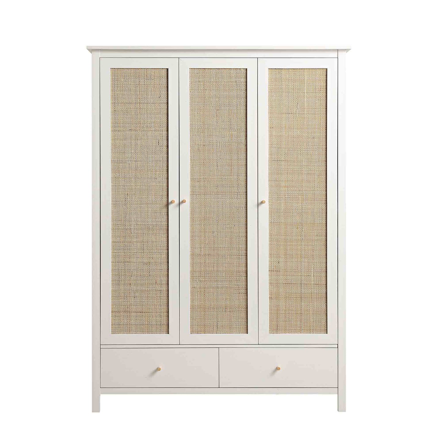Armoire triple en rotin Frances avec 2 tiroirs, blanche