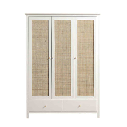Armoire triple en rotin Frances avec 2 tiroirs, blanche