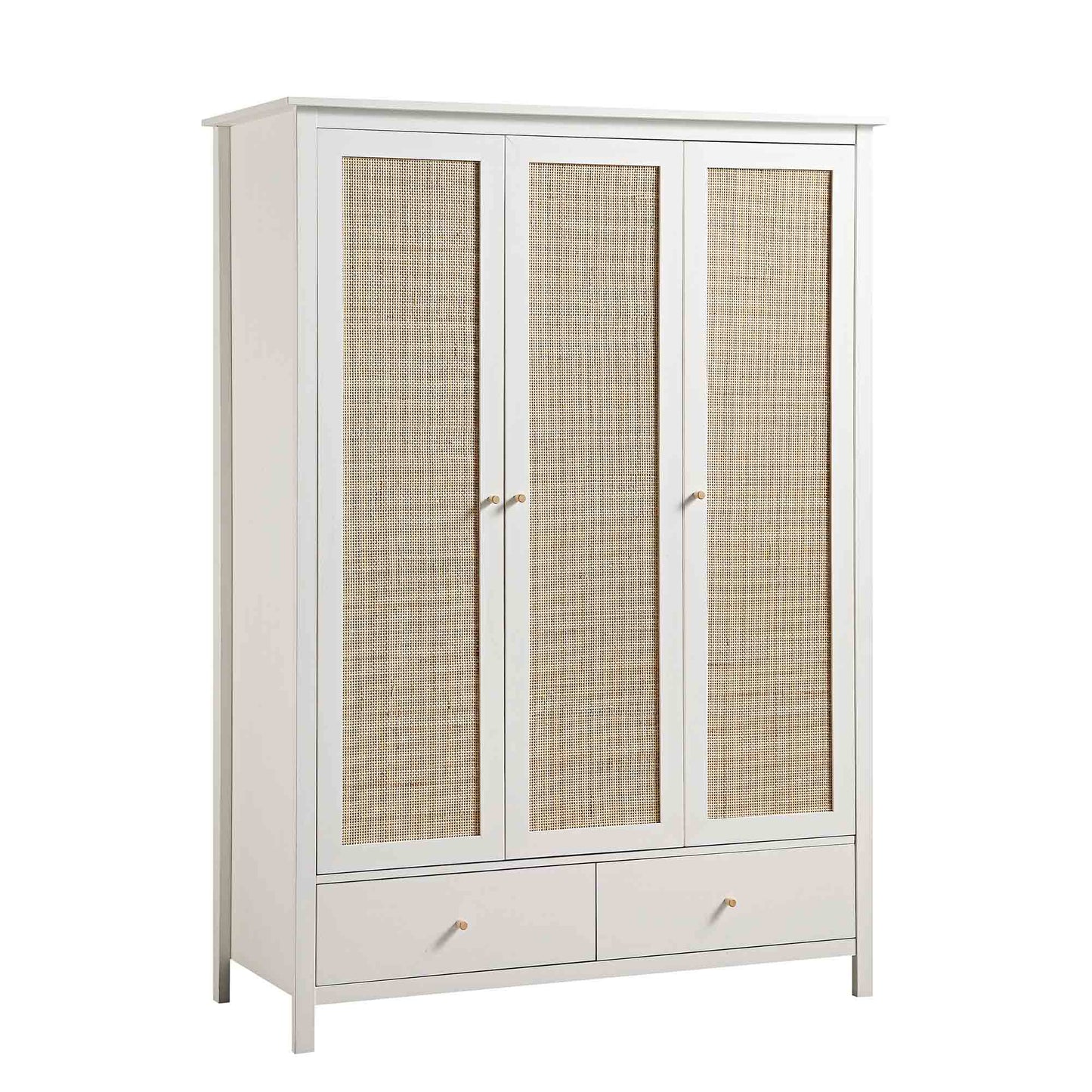 Armoire triple en rotin Frances avec 2 tiroirs, blanche