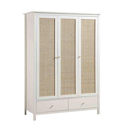 Armoire triple en rotin Frances avec 2 tiroirs, blanche