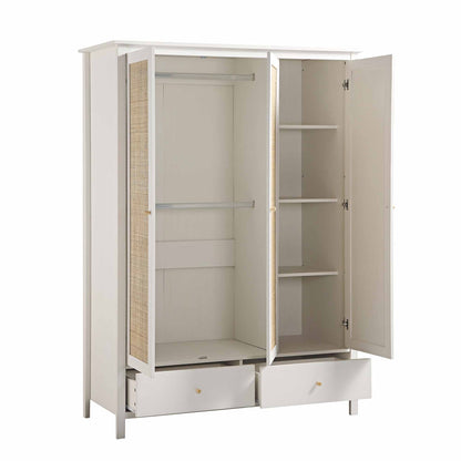 Armoire triple en rotin Frances avec 2 tiroirs, blanche