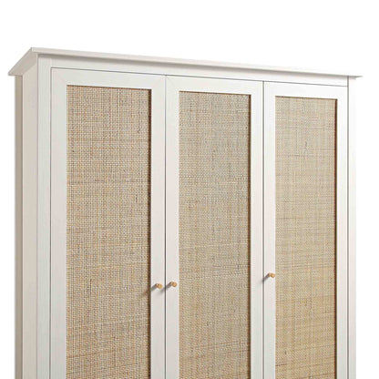Armoire triple en rotin Frances avec 2 tiroirs, blanche