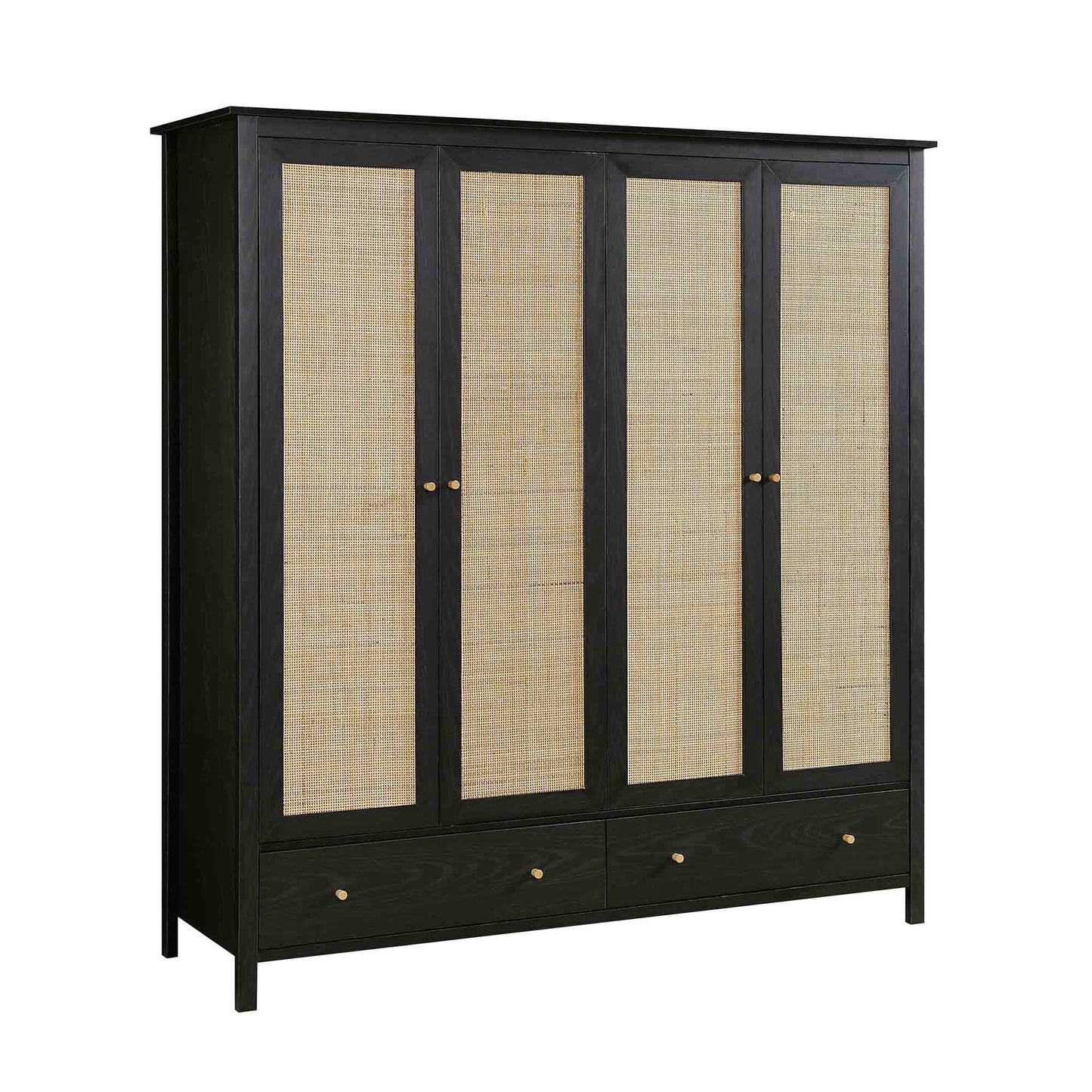 Armoire 4 portes en rotin Frances avec 2 tiroirs, noire