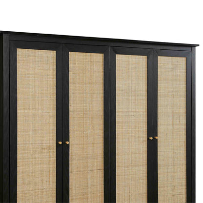 Armoire 4 portes en rotin Frances avec 2 tiroirs, noire