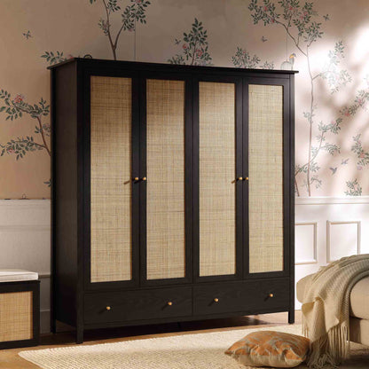 Armoire 4 portes en rotin Frances avec 2 tiroirs, noire