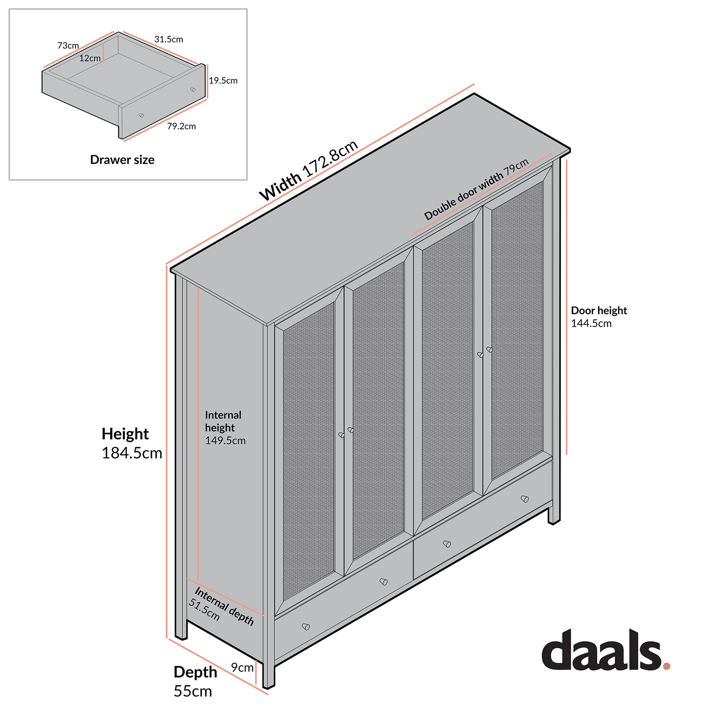 Armoire 4 portes en rotin Frances avec 2 tiroirs, noire