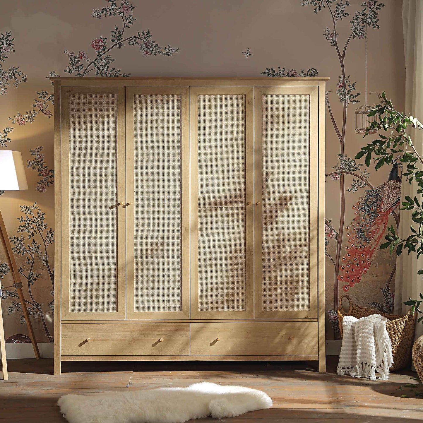 Armoire 4 portes en rotin Frances avec 2 tiroirs, couleur naturelle