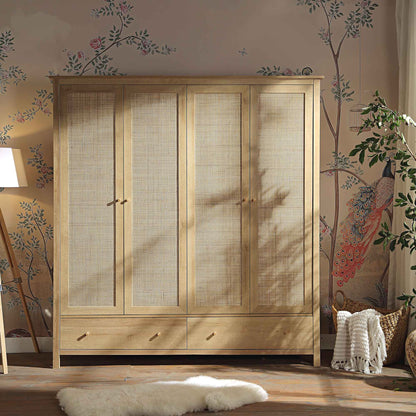 Armoire 4 portes en rotin Frances avec 2 tiroirs, couleur naturelle