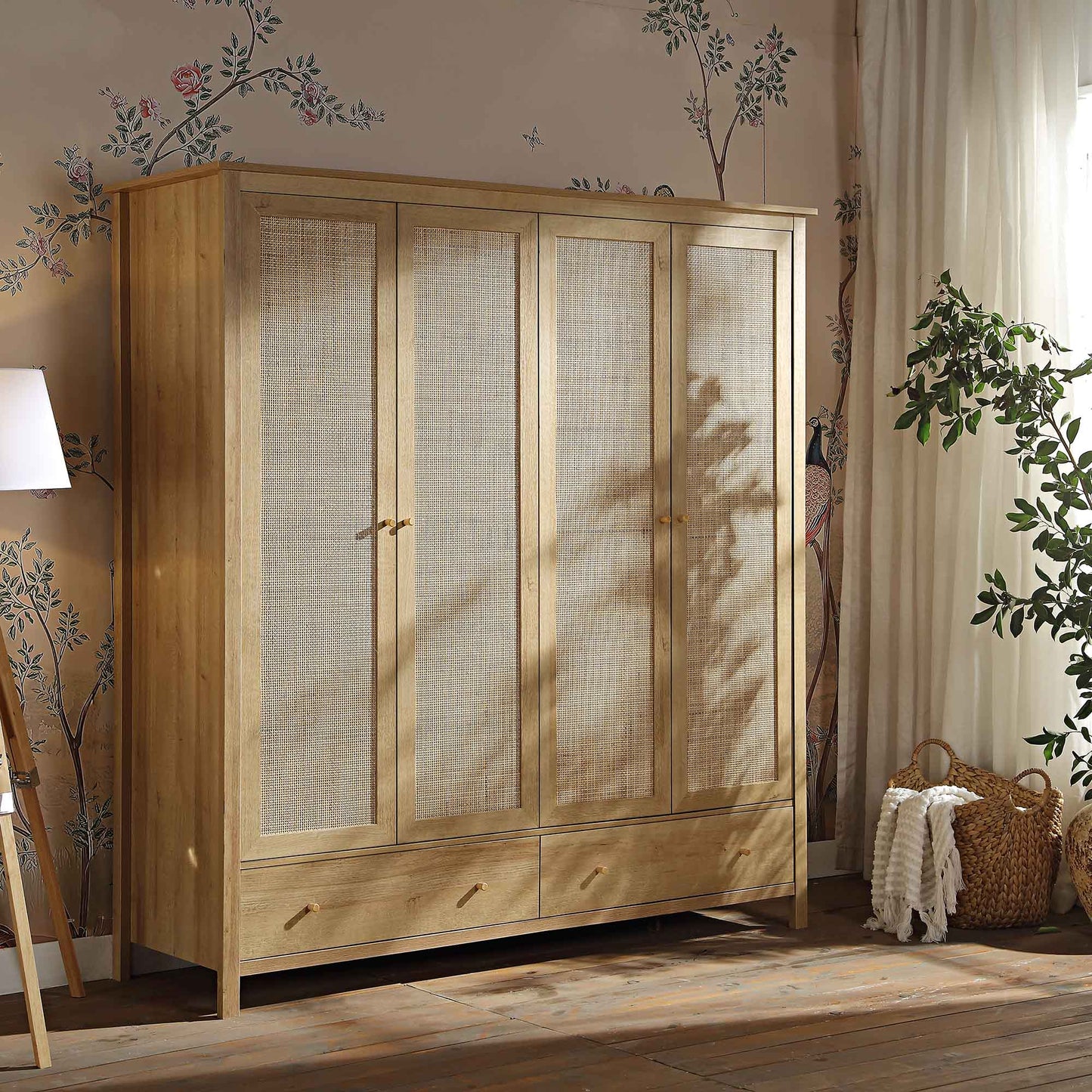 Armoire 4 portes en rotin Frances avec 2 tiroirs, couleur naturelle